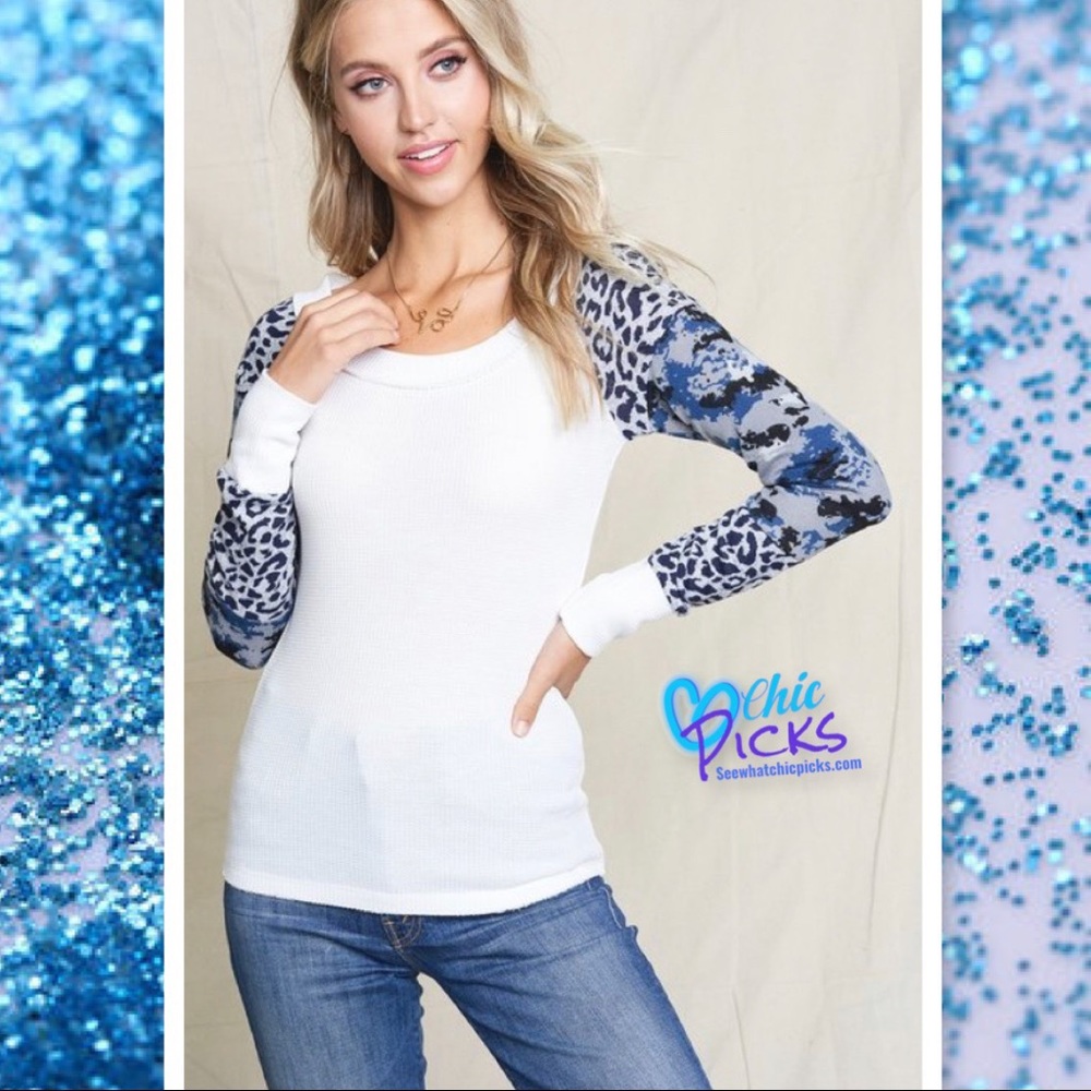 Blue Camo Color-Blocked Long Sleeve waffle Top